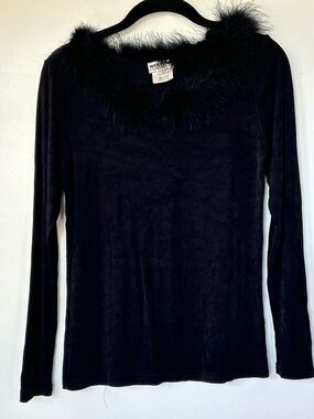 Western Connection Vintage Black Feather Collar Long Sleeve Top